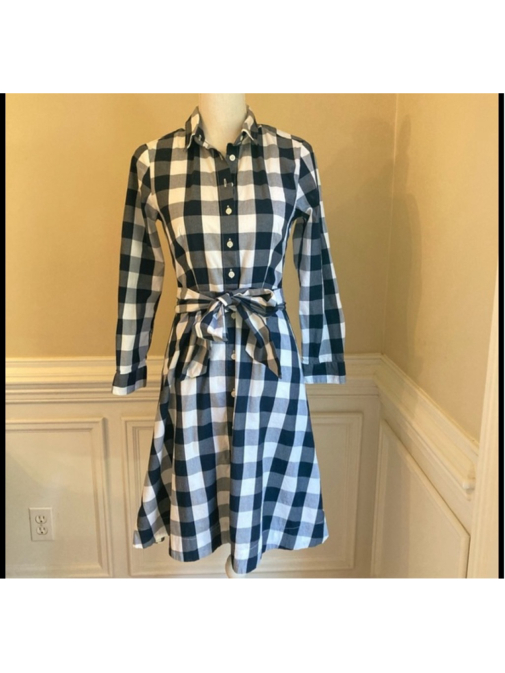 J.Crew Dress Size 4 Navy and White Checkers Button Up Tie Belt - Picture 3 of 10